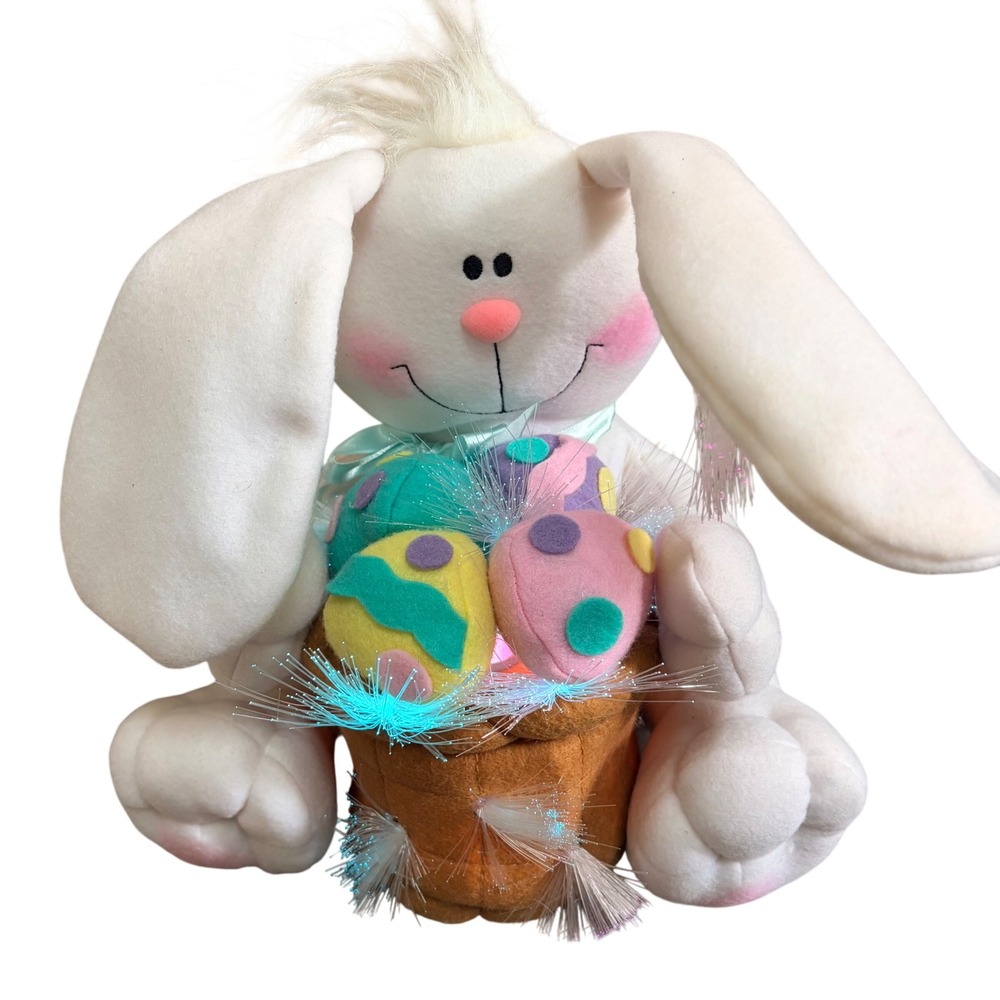 Vintage Fiber Optic Light Up Easter Bunny Plush Basket with Eggs Style Decor